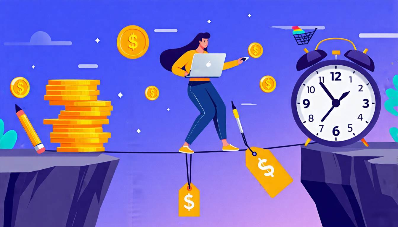 A stylized infographic showing a freelancer balancing on a tightrope between two cliffs. On one cliff is a stack of coins representing income, and on the o