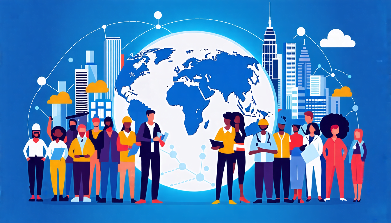 A diverse group of professionals from different cultures gathered around a large globe, each holding tools or symbols representing their jobs. The globe em