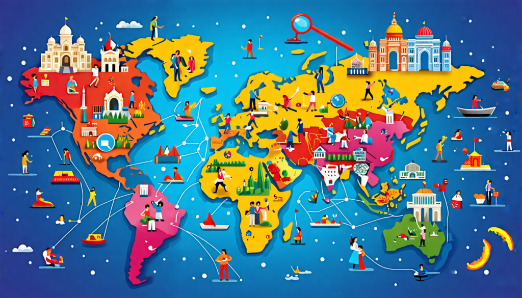 A colorful world map with miniature celebrations and iconic symbols representing various international holidays scattered across different countries. Tiny