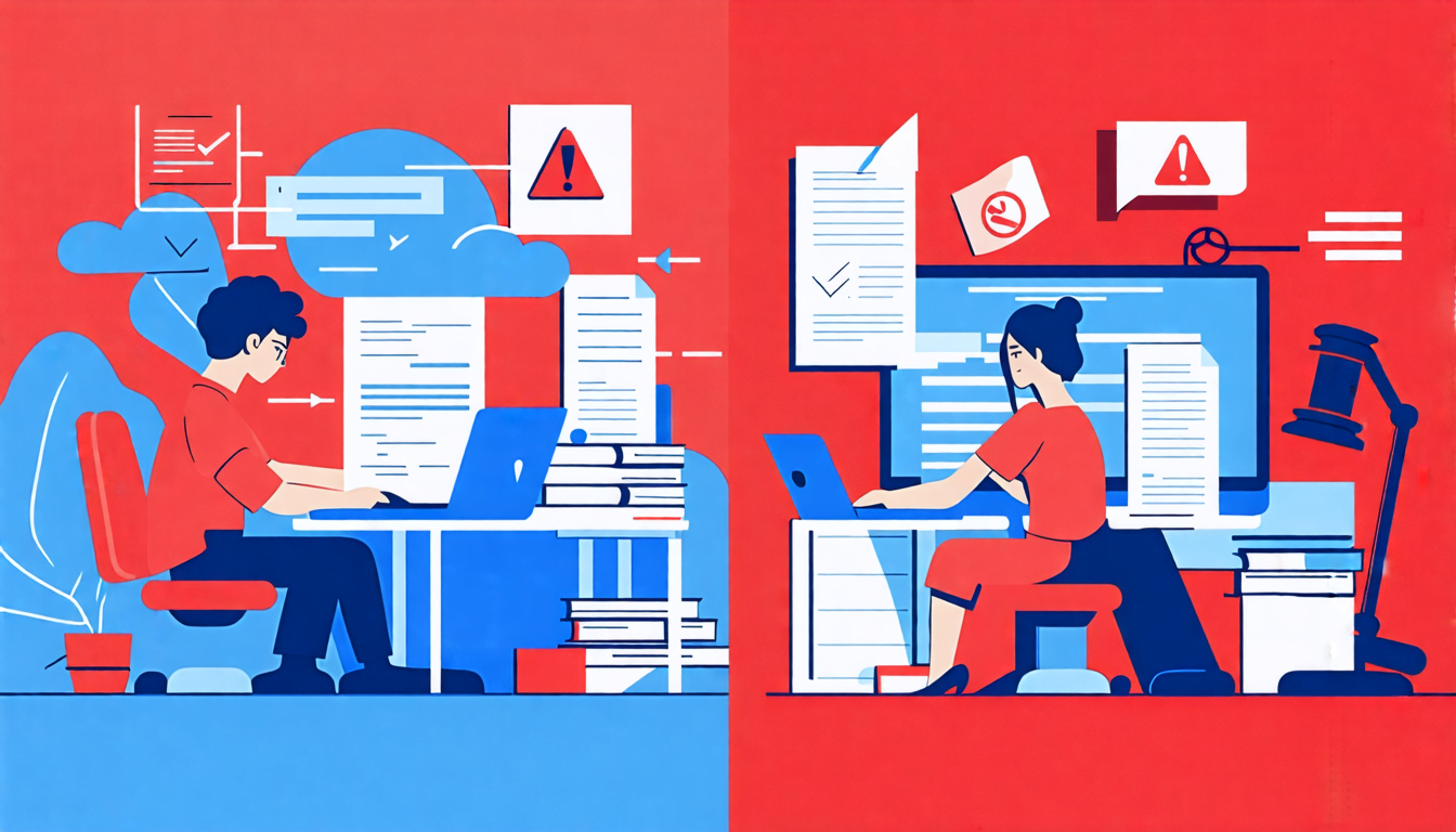 A split image: On one side, a freelancer confidently working at a desk with contract papers and a laptop. On the other side, a nervous freelancer surrounde