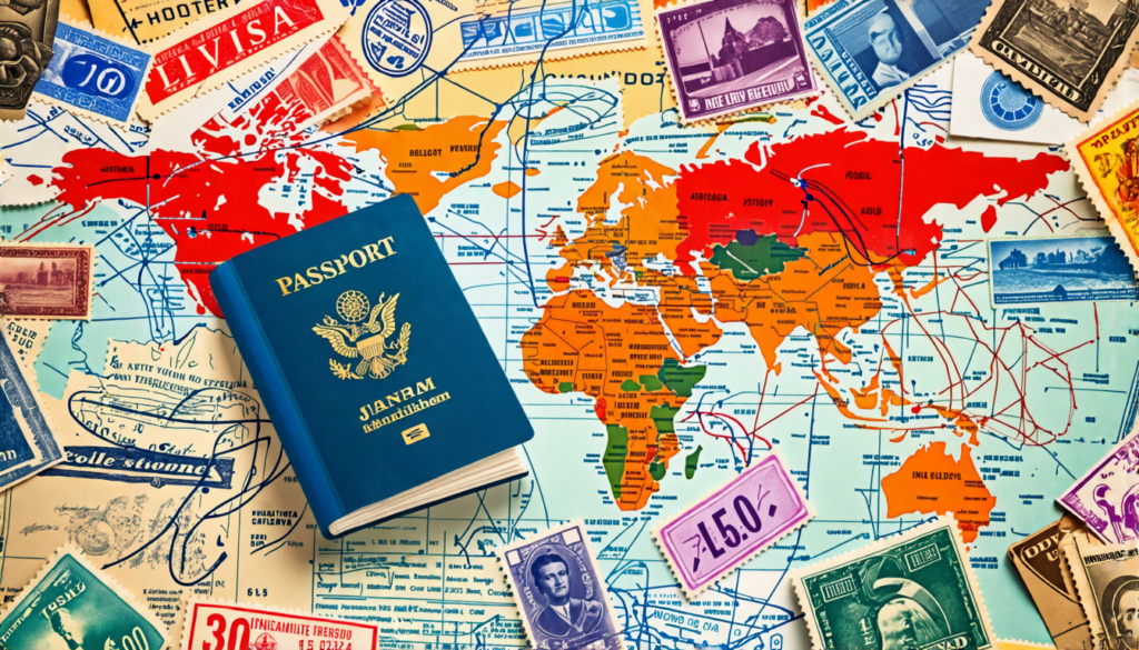 A passport surrounded by a complex network of colorful stamps, visas, and official documents, with a world map in the background. The image should convey t