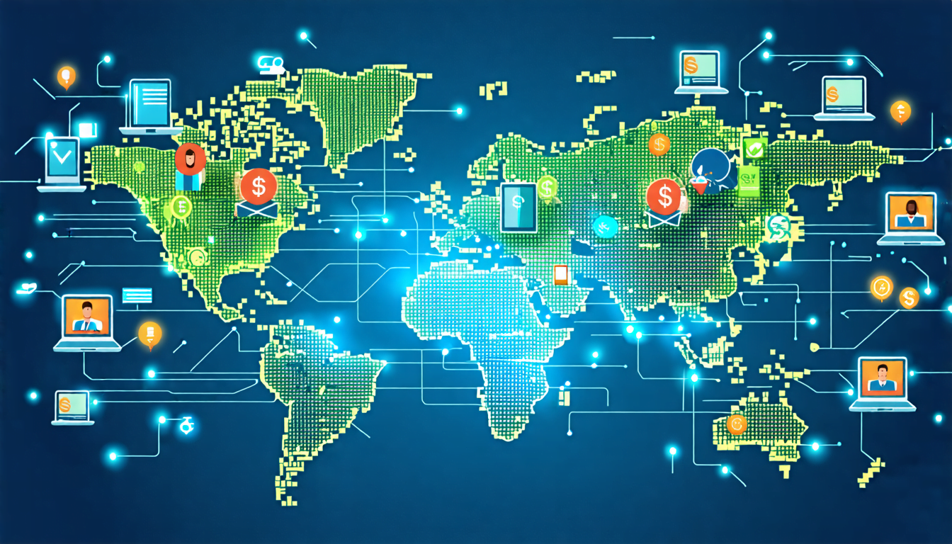 A digital world map with diverse icons representing different professions scattered across continents. Laptop screens emerge from various locations, connec