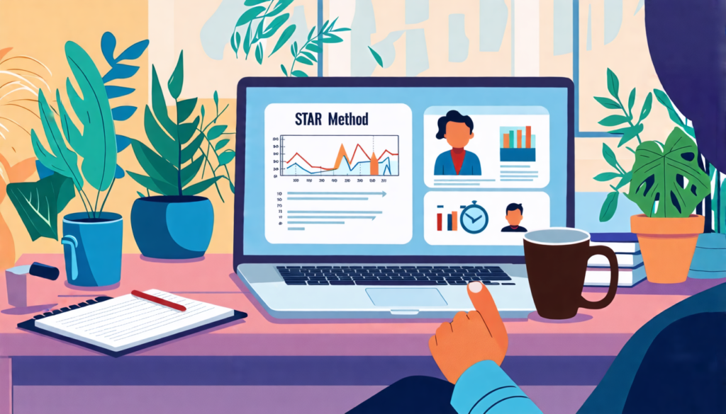 Create an illustration of a person in a home office setting, preparing for a remote interview. The scene includes a laptop with the words 'STAR Method' displayed on the screen, along with notes and di