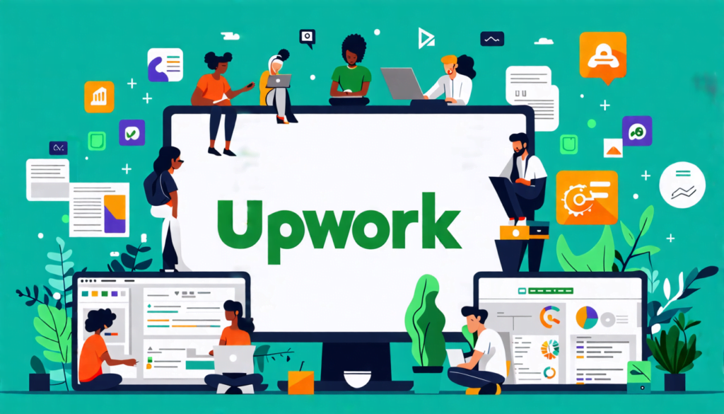 A stylized digital workspace showcasing the Upwork logo, with diverse freelancers collaborating on various projects through computer screens. The image sho