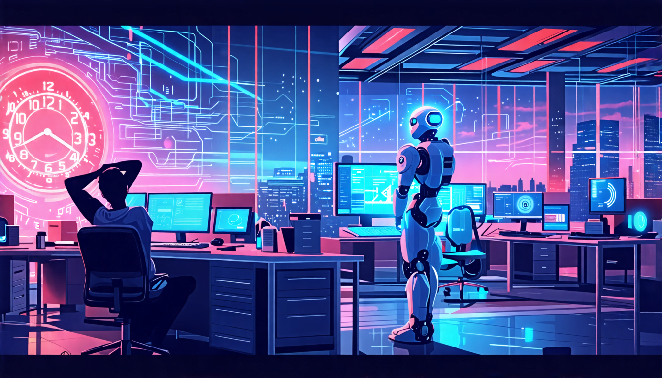A futuristic office scene with a person sitting at a desk, surrounded by holographic screens and robot assistants. The person is relaxed, leaning back in t