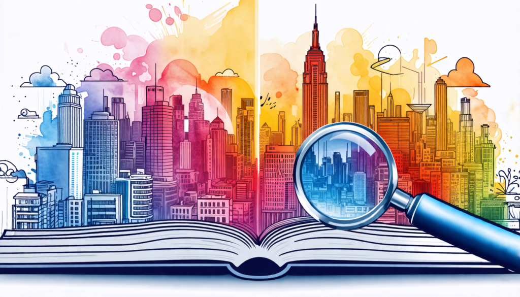 A professional-looking illustration depicting a large, open book with pages that transform into a cityscape representing a brand. On one side of the book,