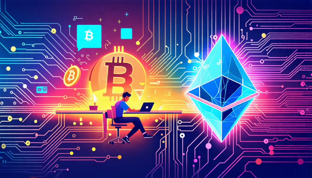 A split-screen digital illustration: on one side, a freelancer working on a laptop with various work tools floating around them; on the other side, a glowi