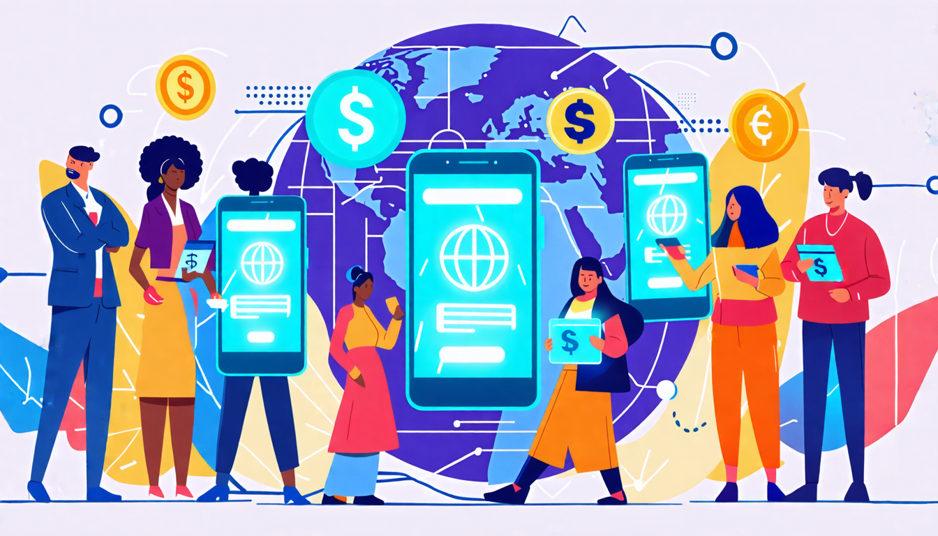 A digital illustration showing a diverse group of people from different countries holding smartphones with glowing e-wallet apps open. Various internationa