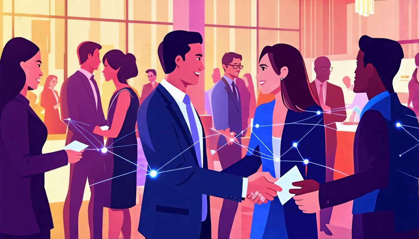 A vibrant networking event scene with diverse professionals mingling in a modern, stylish venue. The foreground shows handshakes and business card exchange