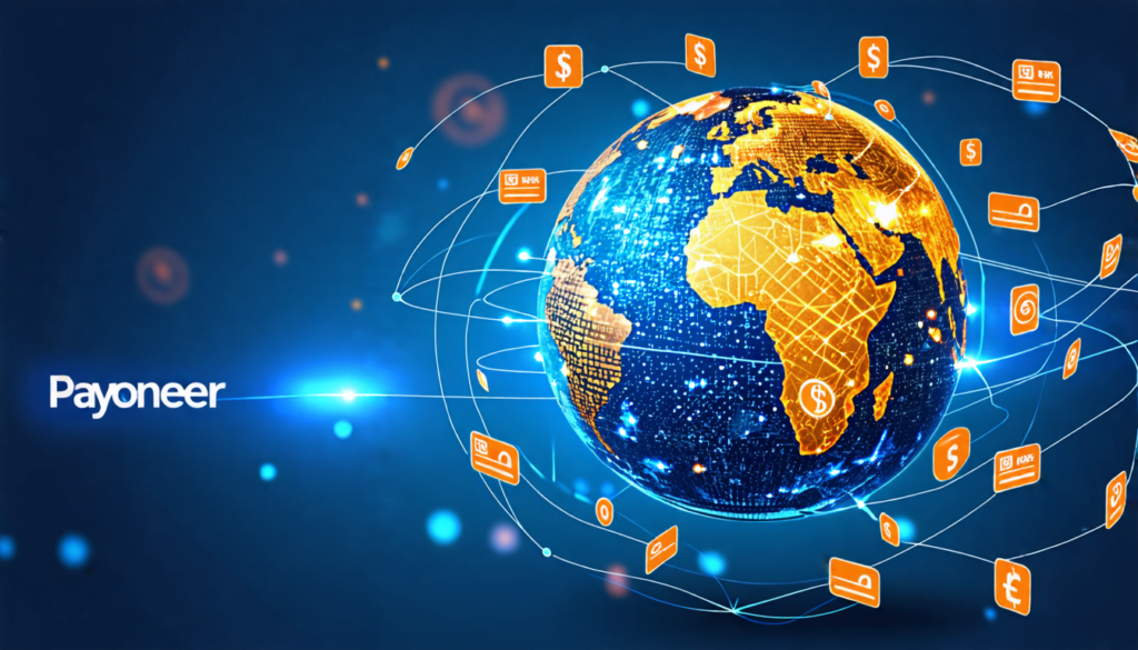 A digital globe with glowing transaction lines connecting various countries, with the Payoneer logo prominently displayed in the foreground. Stylized curre