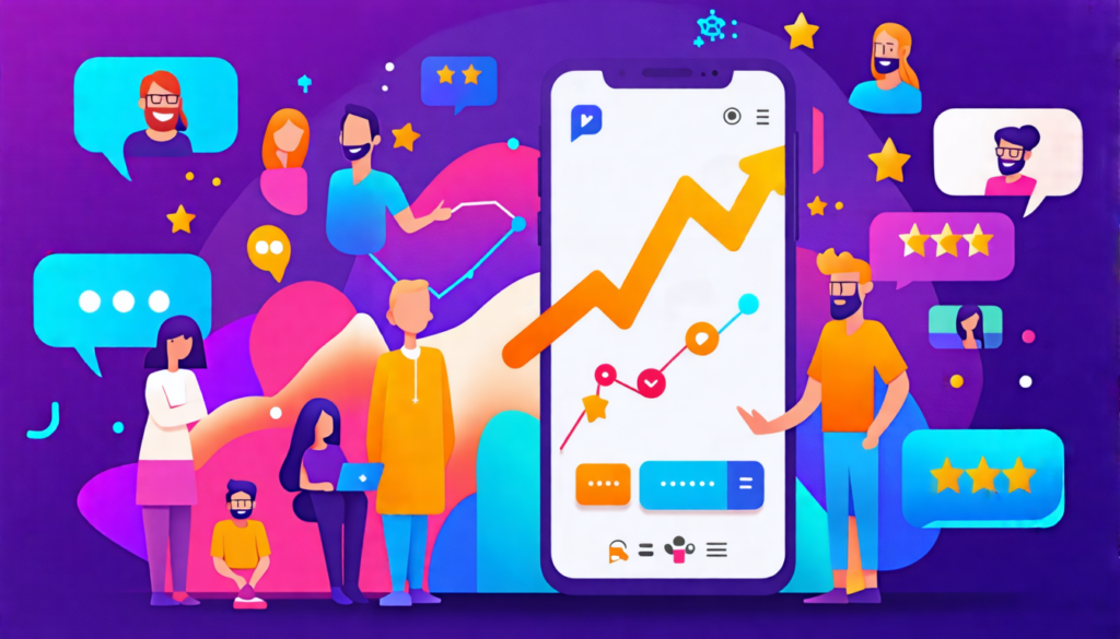 A vibrant digital collage showing a smartphone screen filled with colorful star ratings, customer quotes, and user avatars. The screen is surrounded by div