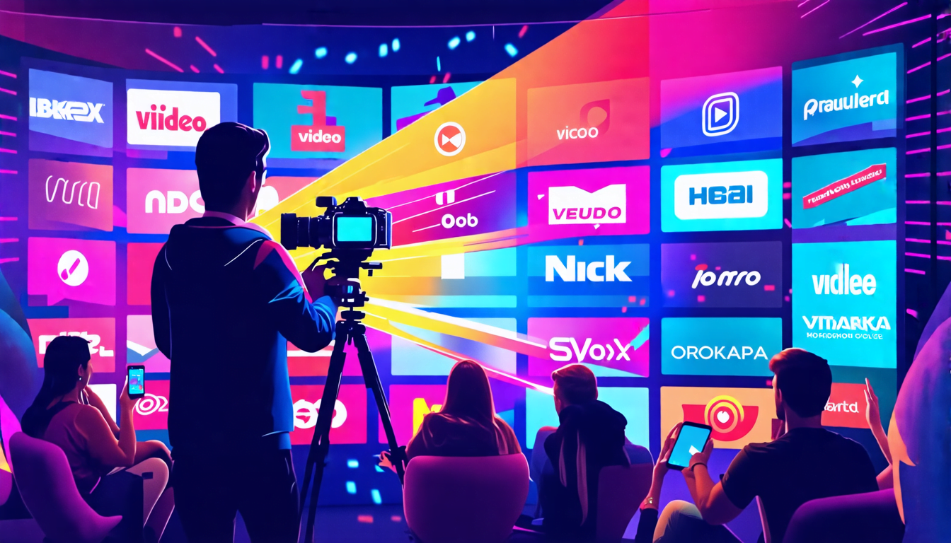 A professional filmmaker holding a high-end camera, standing in front of a large screen displaying various brand logos and video clips. The scene is vibran
