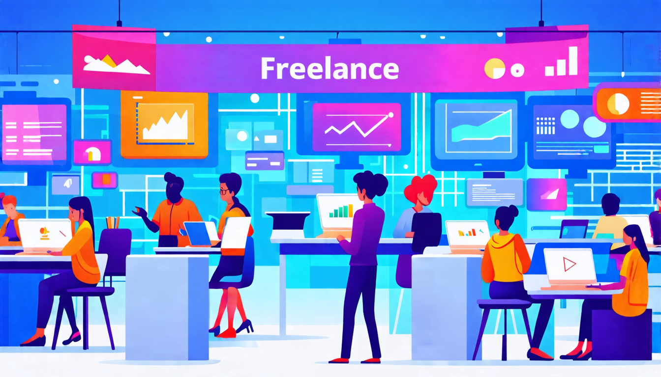 A digital marketplace scene with diverse professionals working on laptops in a bustling virtual bazaar. Floating screens display various skills and service
