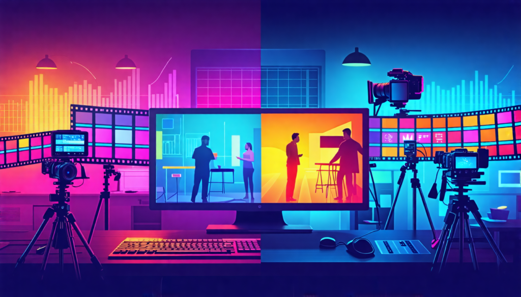 A split-screen image showing two contrasting scenes: on one side, a modern video editing studio with multiple monitors displaying colorful timelines and vi