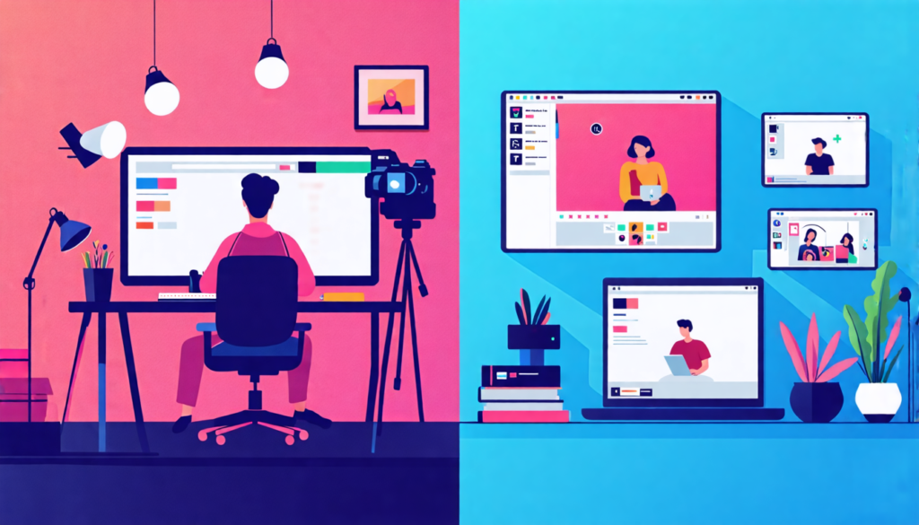 A split-screen image: on one side, a freelancer sitting at a home office desk with a camera and lighting setup, editing video on a computer. On the other s
