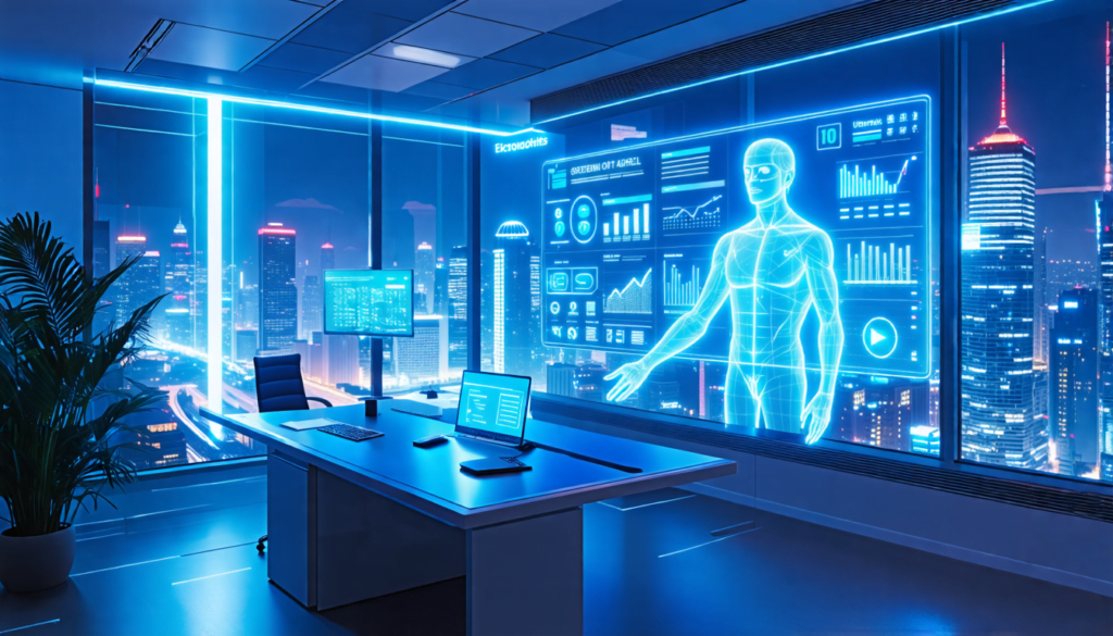 A futuristic office space with a holographic virtual assistant floating above a sleek desk. The assistant appears as a glowing, translucent figure with a f