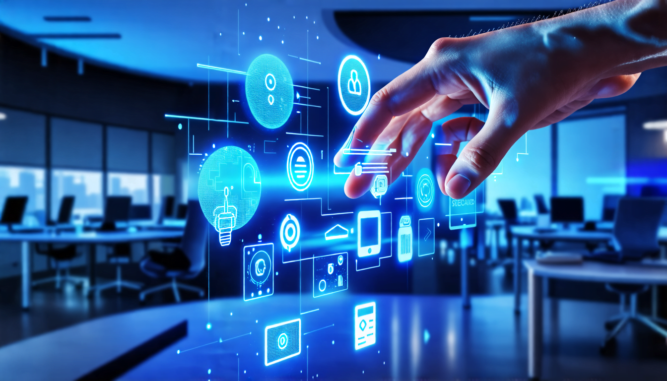 A futuristic workspace with holographic displays showing various digital assistant icons and tools floating in the air. A human hand reaches out to interac