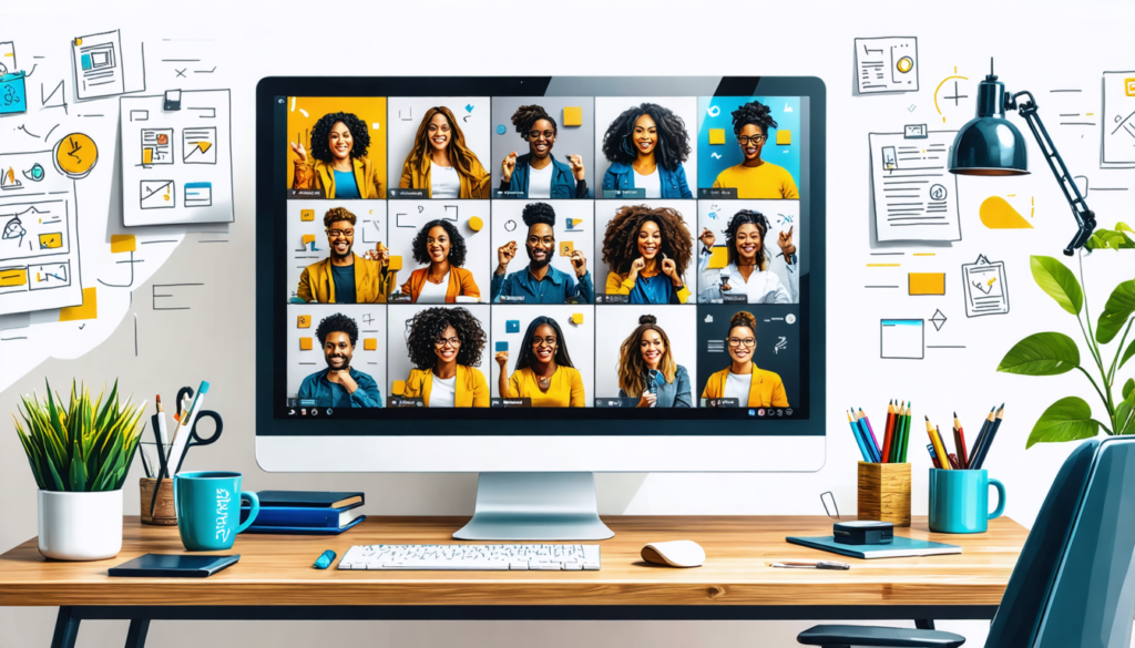 An illustration of a diverse group of remote professionals participating in a virtual leadership workshop. They are seen on a large screen engaging in collaborative activities from their home offices,
