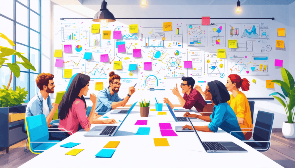 An illustration of a dynamic agency workspace, featuring a diverse group of team members collaborating enthusiastically around a large table. They are engaged in brainstorming sessions, using colorful