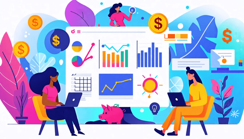 An imaginative and vibrant illustration depicting a diverse group of freelance accountants working on laptops, actively engaging with clients on the PeoplePerHour platform. The scene should include el