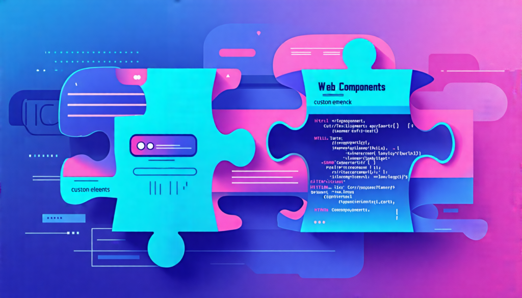 A modern, stylized illustration showing interlocking puzzle pieces made of HTML, CSS, and JavaScript code snippets. Each piece represents a different aspec