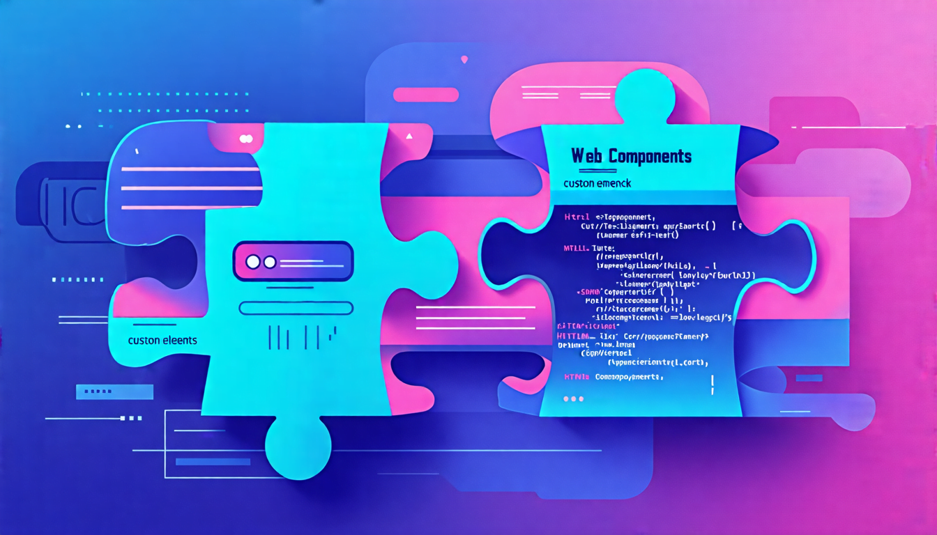 A modern, stylized illustration showing interlocking puzzle pieces made of HTML, CSS, and JavaScript code snippets. Each piece represents a different aspec