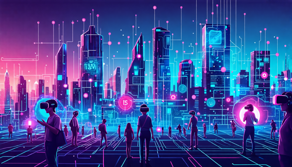 A futuristic cityscape with towering skyscrapers made of computer components and circuit boards, connected by glowing fiber optic cables. In the foreground