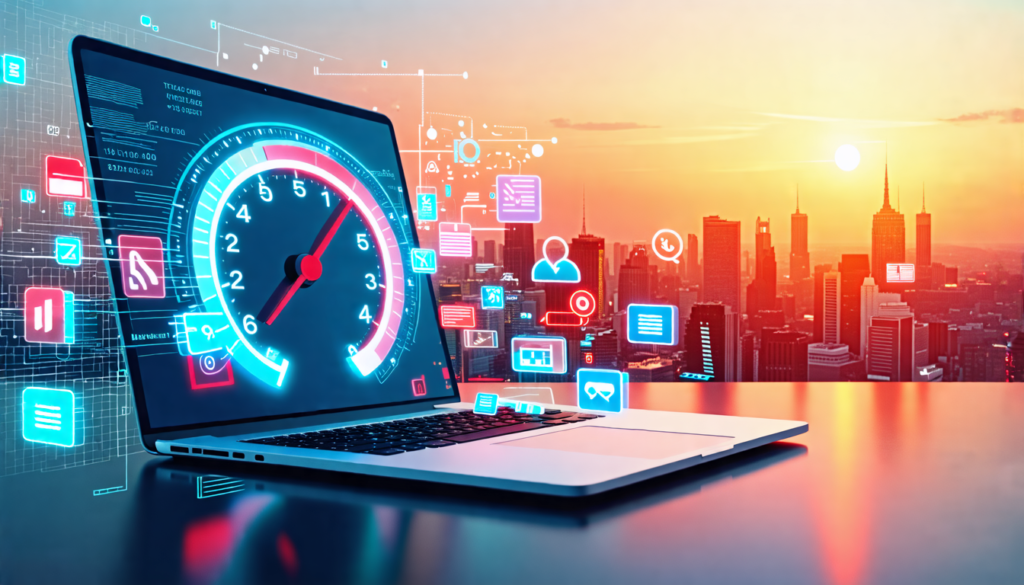 A digital speedometer embedded in a sleek laptop screen, showing a needle moving from red to green. The laptop is surrounded by floating icons representing