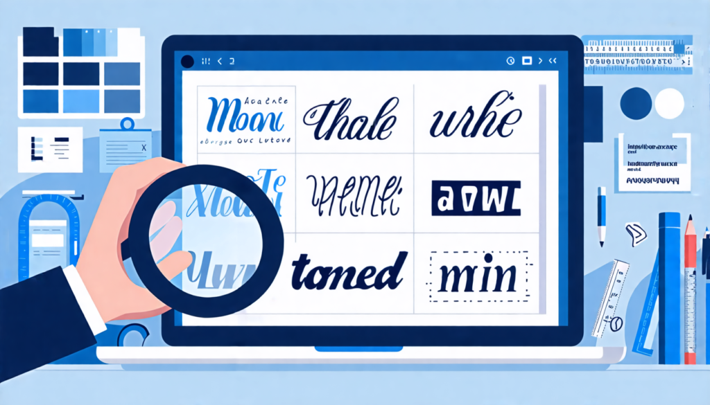 A stylized digital workspace showing a laptop screen displaying various typefaces and font styles. In the foreground, a hand holds a magnifying glass focus