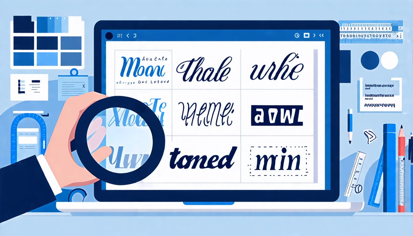A stylized digital workspace showing a laptop screen displaying various typefaces and font styles. In the foreground, a hand holds a magnifying glass focus