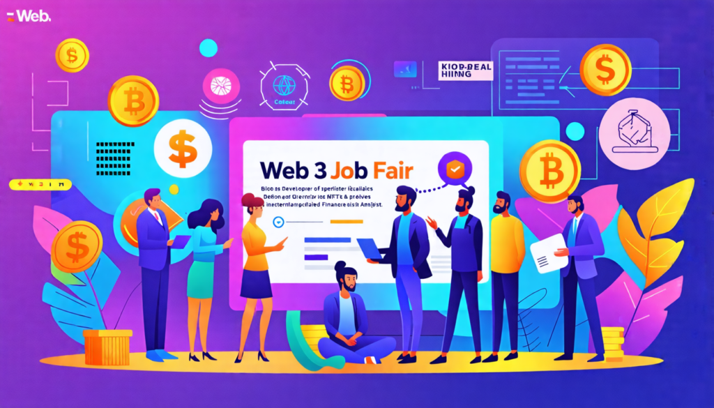 An engaging illustration showcasing a futuristic job fair themed around Web3 careers, featuring diverse professionals discussing various job titles like 'Blockchain Developer,' 'NFT Specialist,' and '
