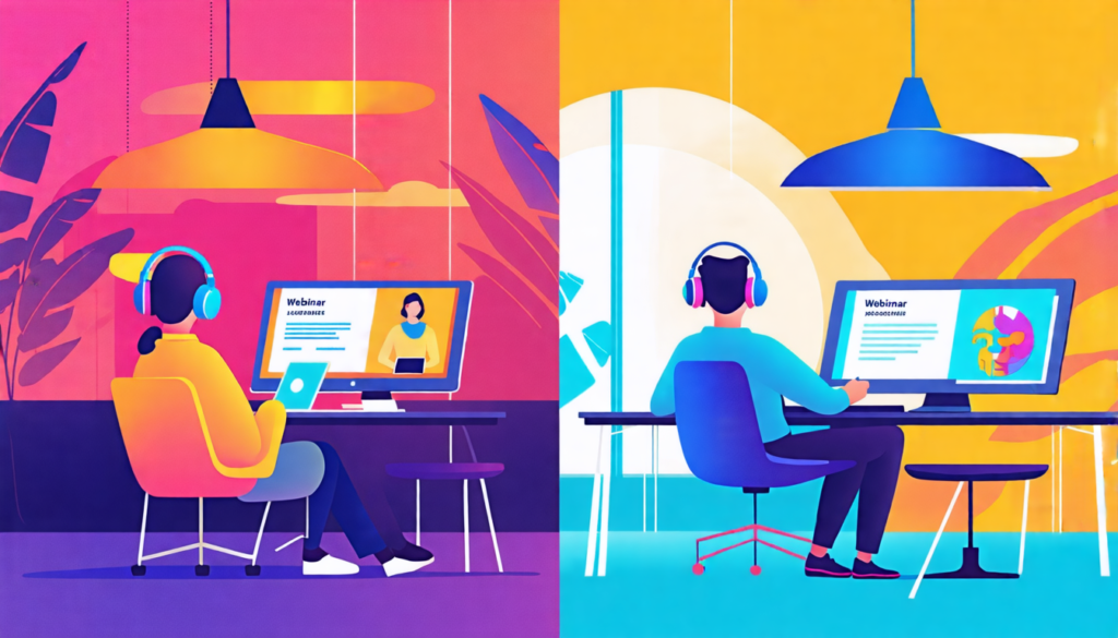 A split-screen image: On one side, a person sitting in a coffee shop or airport lounge, wearing headphones and looking attentively at a laptop screen displ