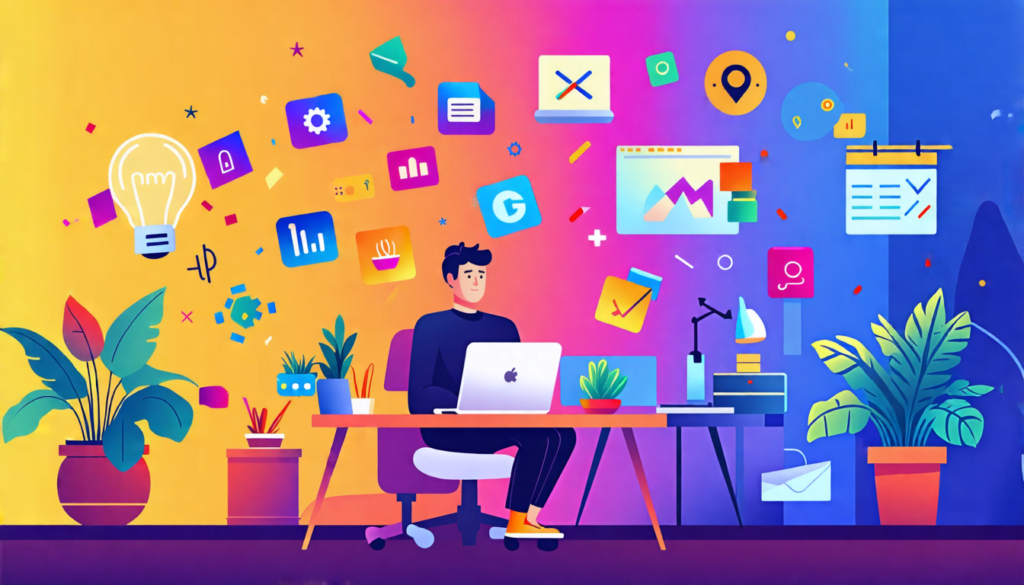 A stylized illustration showing a person working on a laptop in a cozy home office, surrounded by various icons representing different skills and industrie