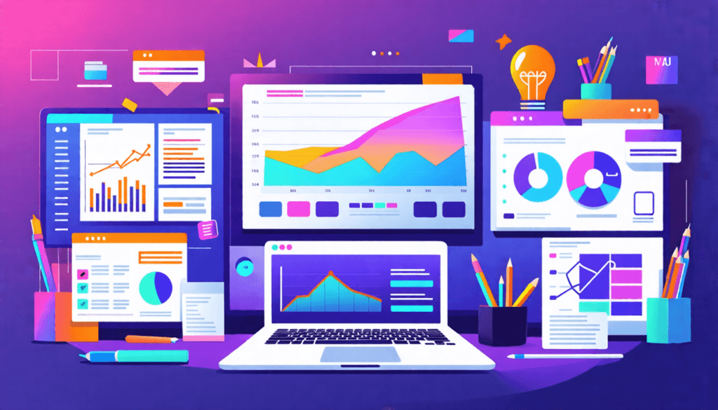An illustration depicting a digital workspace cluttered with various screens displaying different customizable website templates for agencies and freelancers. Include elements like a laptop, a notepad