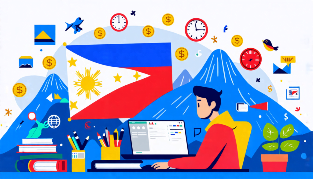 A digital illustration showing a Filipino person sitting at a home office desk with a laptop, surrounded by icons representing various freelance skills lik