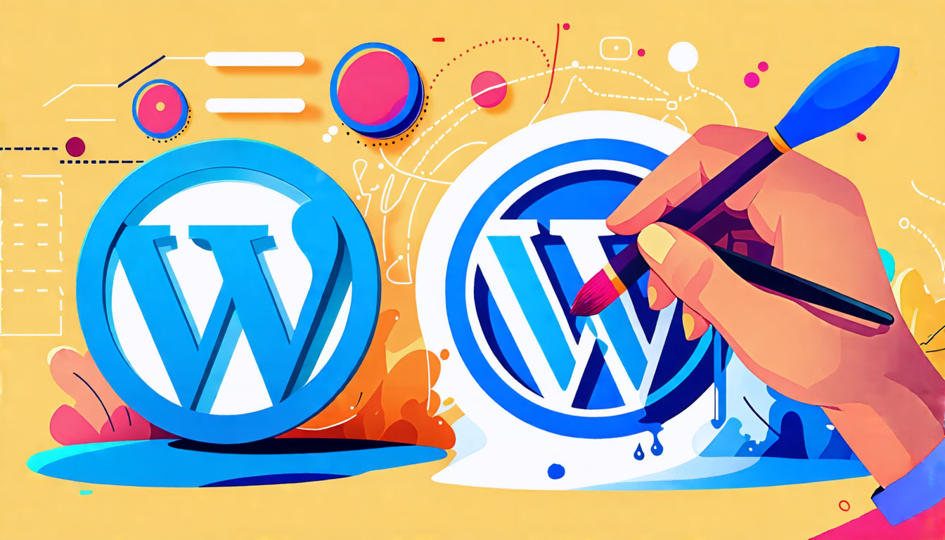 A split-screen image: On the left, a classic WordPress logo in blue. On the right, a stylized hand holding a paintbrush, customizing and adding colorful el