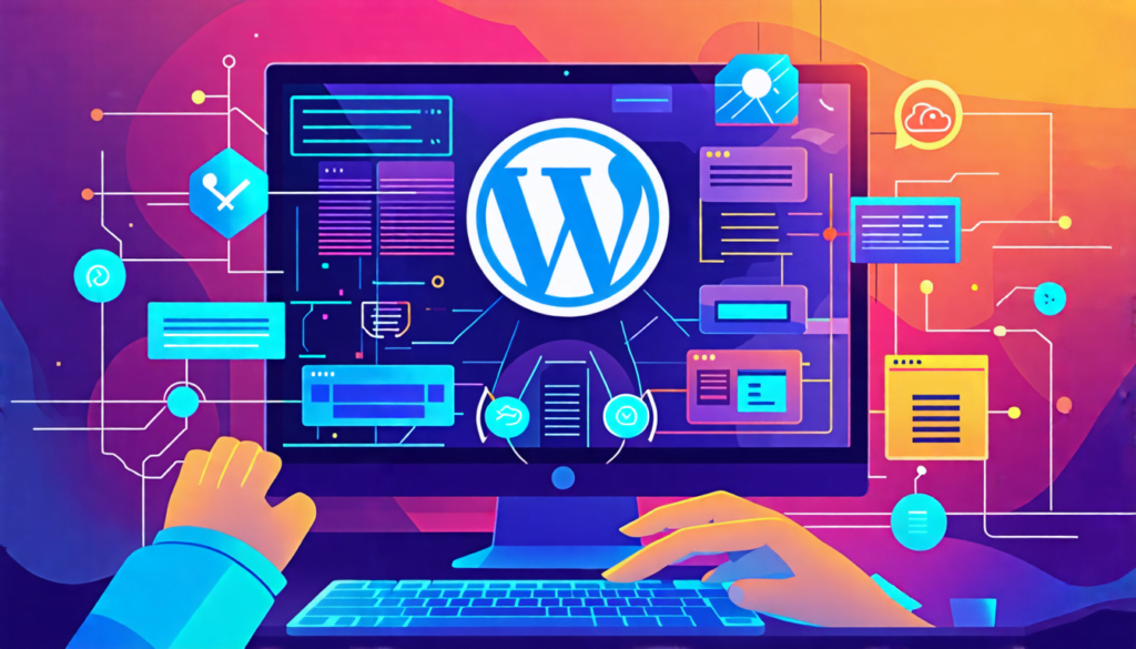 A stylized desktop computer screen displaying a WordPress logo alongside organized rows of database tables and icons. The background shows interconnected n