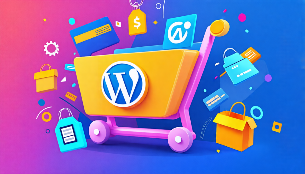 A colorful digital illustration showing a shopping cart icon merged with the WordPress logo, surrounded by various e-commerce elements like price tags, cre