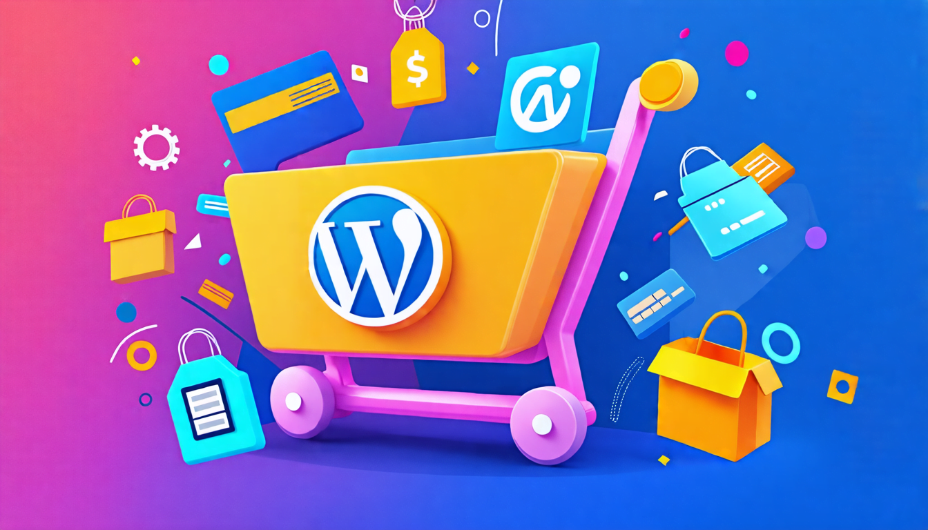 A colorful digital illustration showing a shopping cart icon merged with the WordPress logo, surrounded by various e-commerce elements like price tags, cre