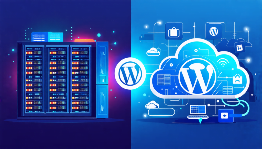 A split-screen digital illustration showcasing two contrasting hosting environments for WordPress. On one side, a traditional server rack with blinking lig