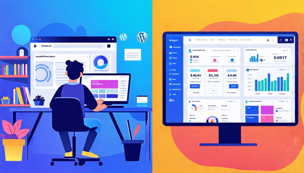 A split-screen image: On the left, a person sitting at a desk with a laptop, looking focused as they work on installing WordPress. On the right, a colorful