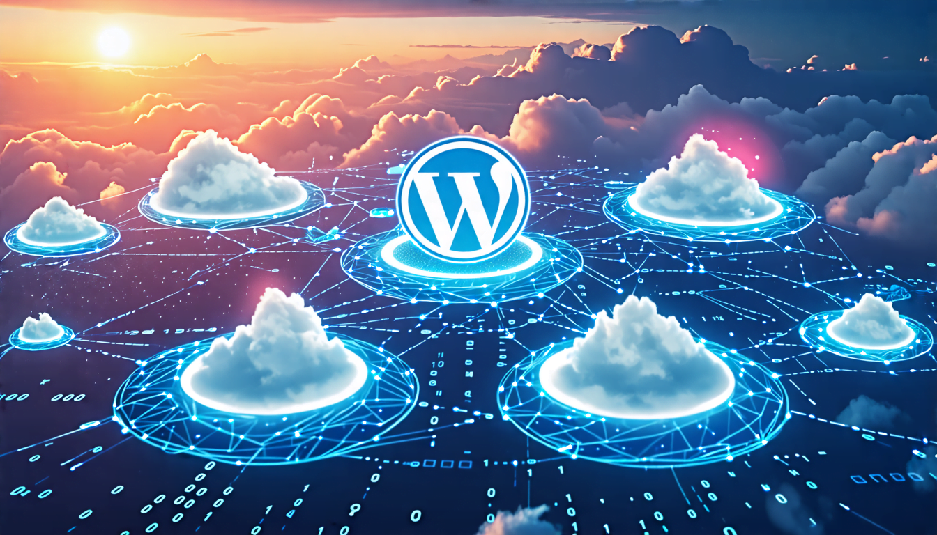 A digital landscape showing multiple interconnected websites represented as floating islands, each with a distinct WordPress logo. The islands are linked b