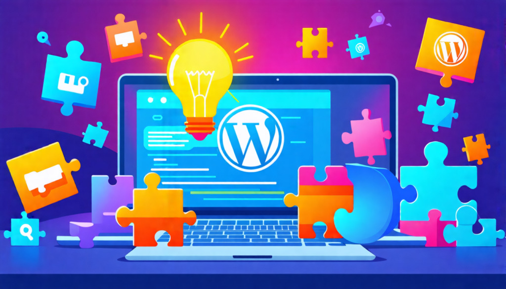 A developer's desk with a laptop displaying WordPress code, surrounded by colorful puzzle pieces representing plugins. A glowing lightbulb hovers above, sy