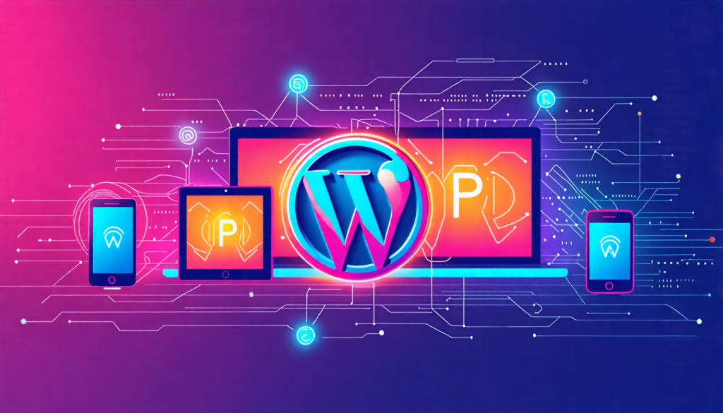 A minimalist digital illustration showing a stylized WordPress logo seamlessly connected to various devices (smartphone, tablet, laptop) through glowing AP