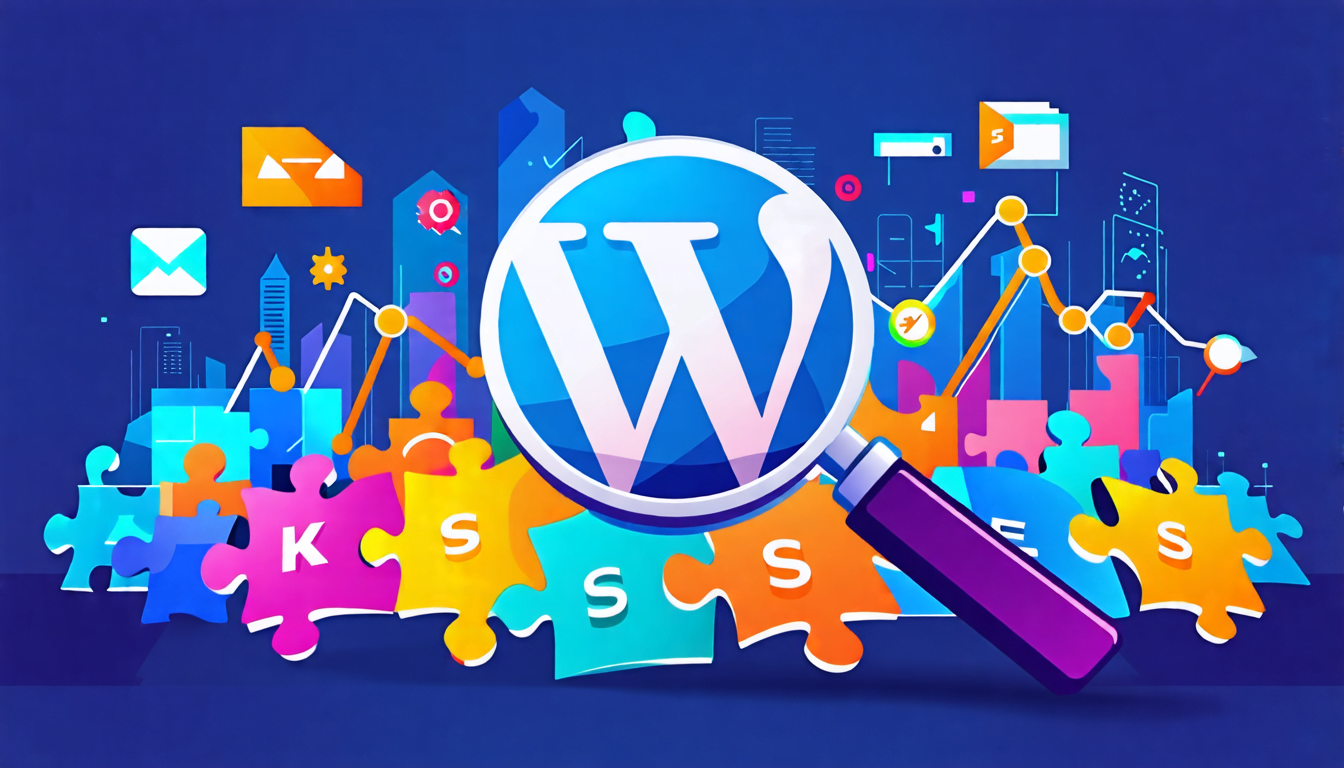 A digital landscape with a large WordPress logo in the center, surrounded by colorful puzzle pieces representing various SEO elements such as keywords, bac