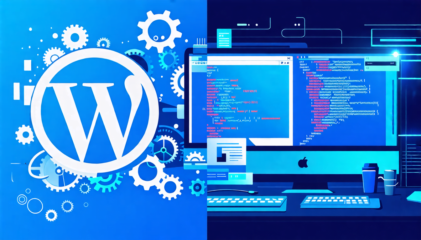 A split-screen image: on the left side, a classic WordPress logo with gears and cogs emerging from it; on the right side, a developer's workspace with mult
