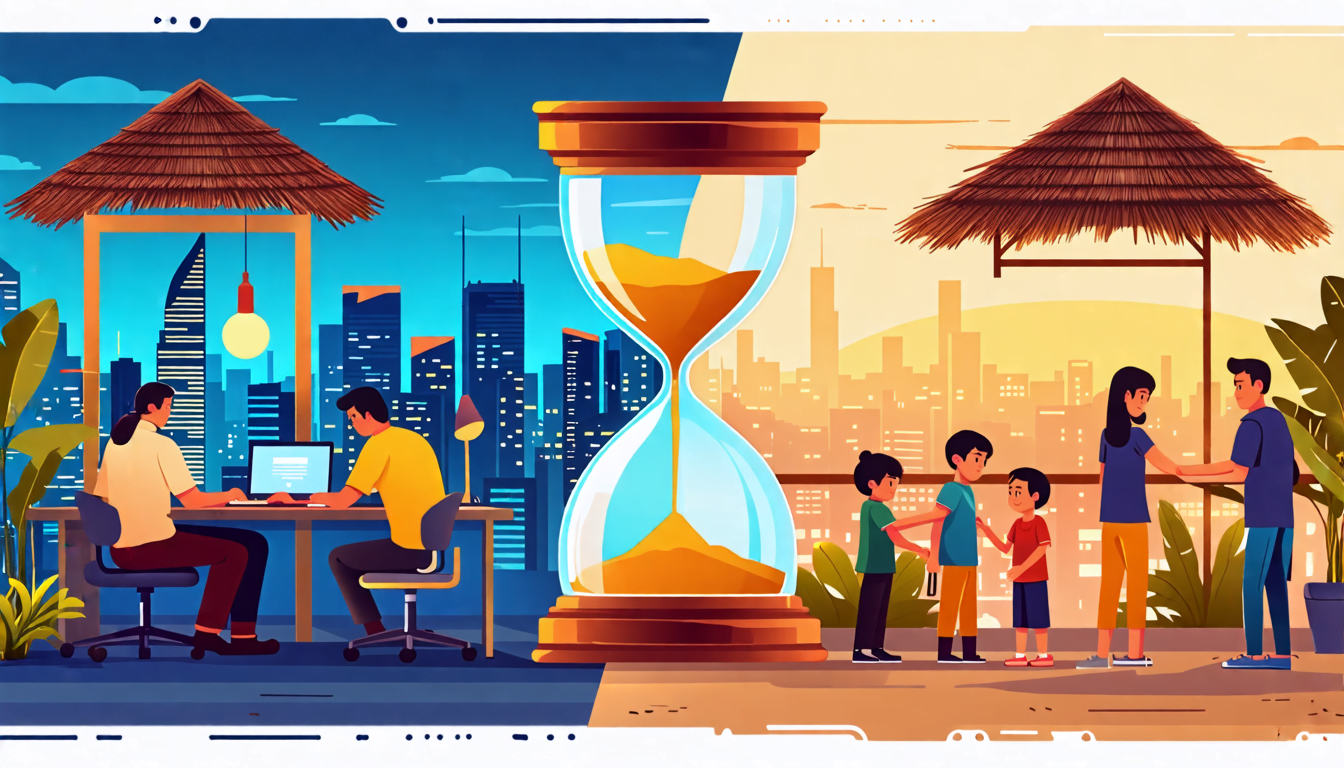 A split-screen image: on one side, a bustling Filipino office with employees working late, surrounded by skyscrapers and city lights; on the other side, a