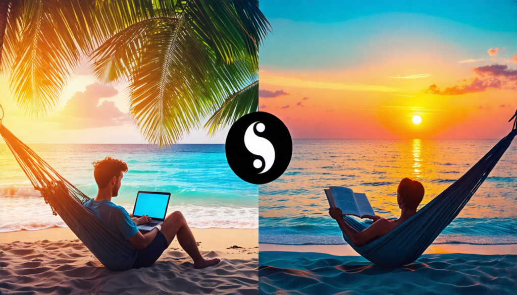 A split-screen image: on one side, a person working on a laptop on a tropical beach with palm trees and turquoise water; on the other side, the same person