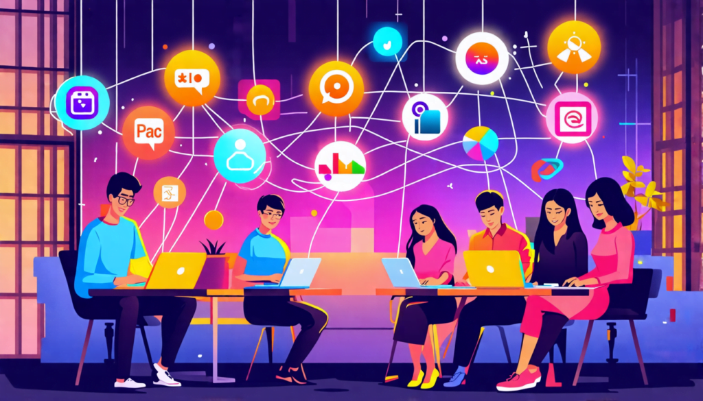A digital illustration showing a diverse group of Asian professionals collaborating on laptops and tablets. The scene is set in a modern co-working space w