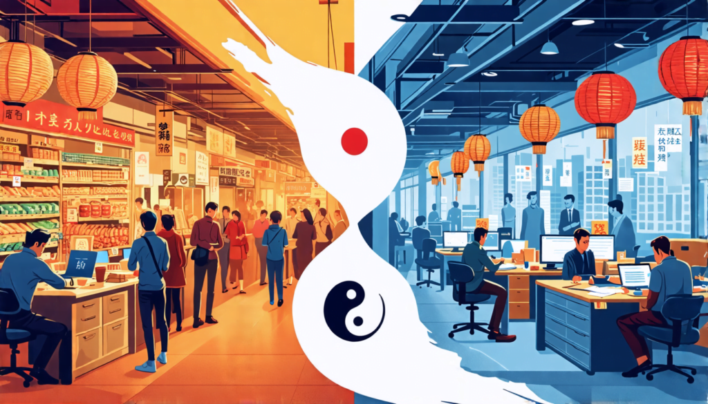 A split image: On one side, a bustling Asian marketplace with intricate signage, close-knit groups interacting, and subtle non-verbal communication. On the